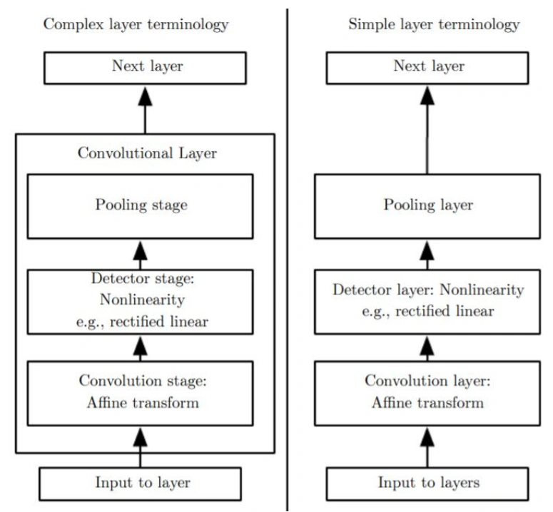 Complex layer: Input → Convolution stage → Detector stage → Pooling stage → Next layer