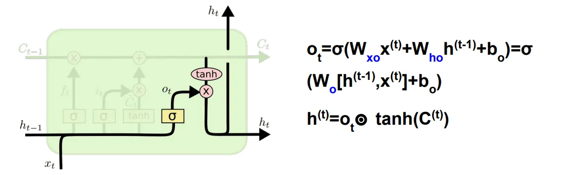 Output gate: menentukan hidden state h(t) berdasarkan cell state C(t) yang difilter sigmoid dan tanh