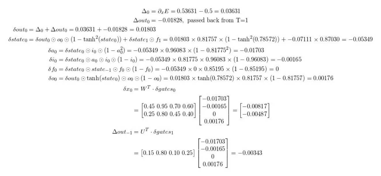 Backward phase t=0 detail: perhitungan lengkap gradient di timestep pertama